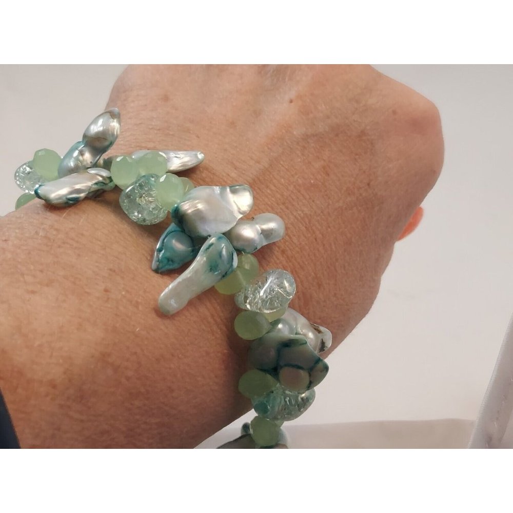 Blister pearls Glass Beaded Bracelet 7 1/2" Dyed pick your color Blue or Green